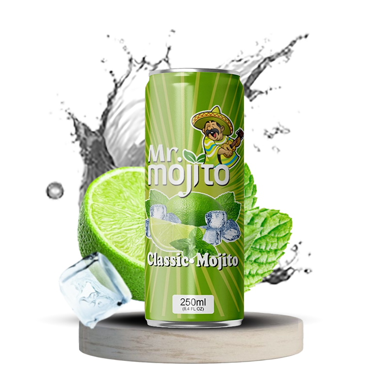 Mr. Mojito Classic Mojito 250ml can, paired with lime and mint, perfect for a cooling, flavourful drink.